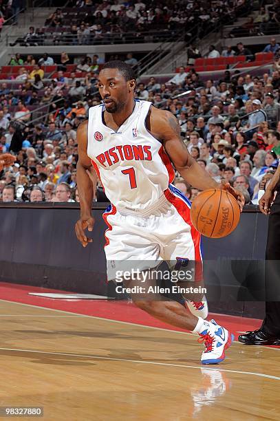 Ben Gordon of the Detroit Pistons handles the ball against the Miami Heat during the game on March 31, 2010 at The Palace of Auburn Hills in Auburn...