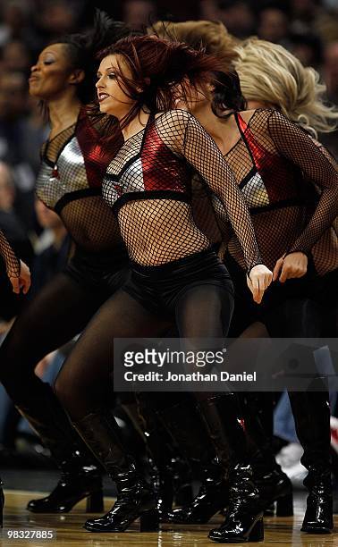 Members of the Chicago Bulls dance team "The Luvabulls" perform during a game between the Bulls and the New York Knicks at the United Center on...