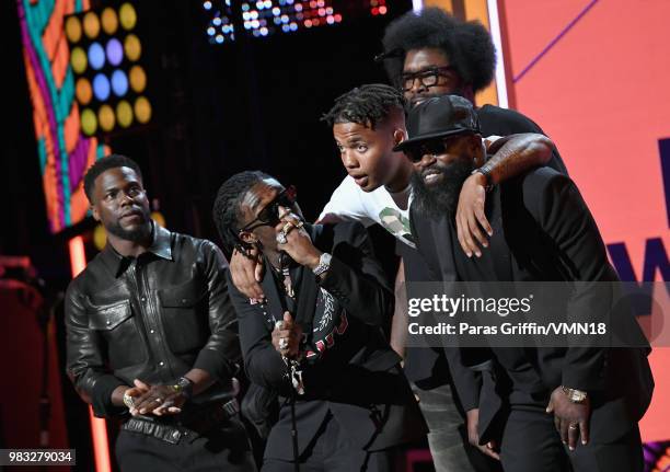 Kevin Hart, Lil Uzi Vert, Markelle Fultz, Questlove, and Black Thought speak onstage at the 2018 BET Awards at Microsoft Theater on June 24, 2018 in...