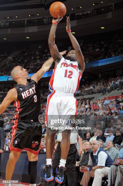 Will Bynum of the Detroit Pistons shoots against Carlos Arroyo of the Miami Heat during the game on March 31, 2010 at The Palace of Auburn Hills in...