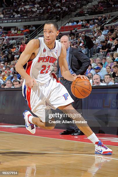 Tayshaun Prince of the Detroit Pistons drives against the Miami Heat during the game on March 31, 2010 at The Palace of Auburn Hills in Auburn Hills,...