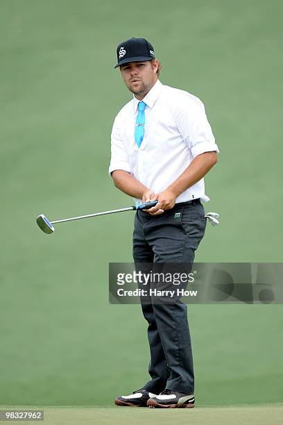 Ryan Moore watches a putt on the second green during the first round of the 2010 Masters Tournament at Augusta National Golf Club on April 8, 2010 in...