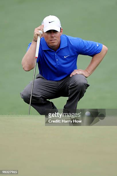 Justin Leonard lines up a putt during the first round of the 2010 Masters Tournament at Augusta National Golf Club on April 8, 2010 in Augusta,...