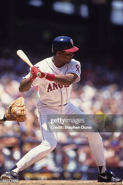 Eduardo Perez of the California Angels bats during the game against the Kansas City Royals at Anaheim Stadium on August 5, 1993 in Anaheim,...