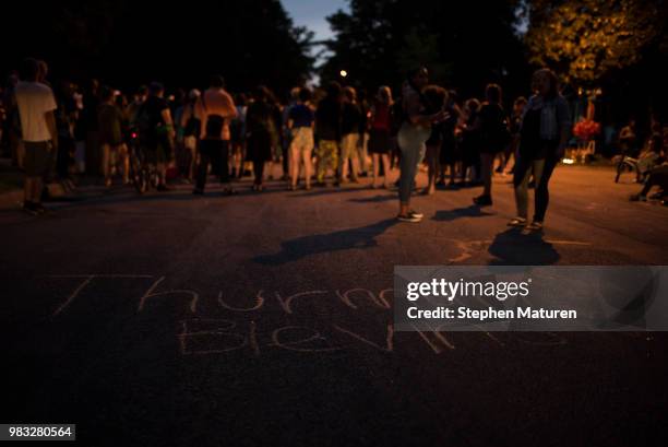 People gathered at a vigil for Thurman Blevins on June 24, 2018 in Minneapolis, Minnesota. Blevins was shot and killed yesterday after an altercation...