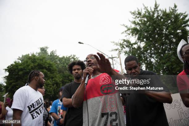 Benjamin McKissic speaks about his cousin, Thurman Blevins, at vigil for him on June 24, 2018 in Minneapolis, Minnesota. Blevins was shot and killed...