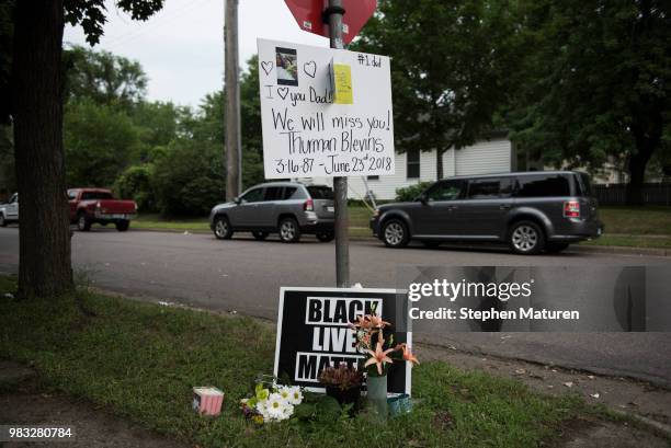 Memorial site for Thurman Blevins is seen on June 24, 2018 in Minneapolis, Minnesota. Blevins was shot and killed yesterday after an altercation with...