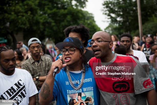 DuPrece Slaughter speaks about his uncle, Thurman Blevins, at vigil for him on June 24, 2018 in Minneapolis, Minnesota. Blevins was shot and killed...