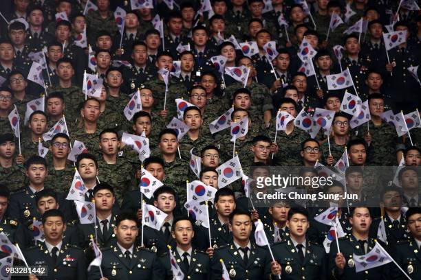 South Korean soldiers attend the ceremony to mark the 68th anniversary of the Korean War on June 25, 2018 in Seoul, South Korea. Over 66,000 South...