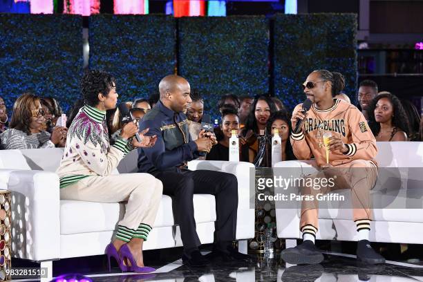 Tami Roman, Charlamagne tha God, and Snoop Dogg attend the After Party Live, sponsored by Ciroc, at the 2018 BET Awards Post Show at Microsoft...