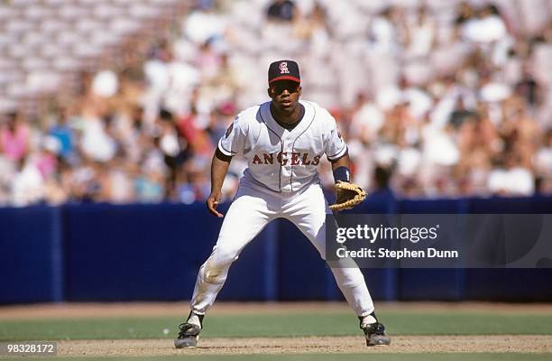 Eduardo Perez of the California Angels plays first base during the game against the Cleveland Indians at Anaheim Stadium on April 11, 1994 in...