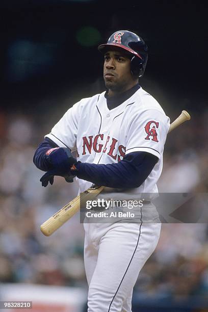 Eduardo Perez of the California Angels looks on during the game against the Seattle Mariners at Anaheim Stadium on May 7, 1995 in Anaheim, California.