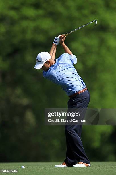 Bill Haas plays a shot on the fifth hole during the first round of the 2010 Masters Tournament at Augusta National Golf Club on April 8, 2010 in...