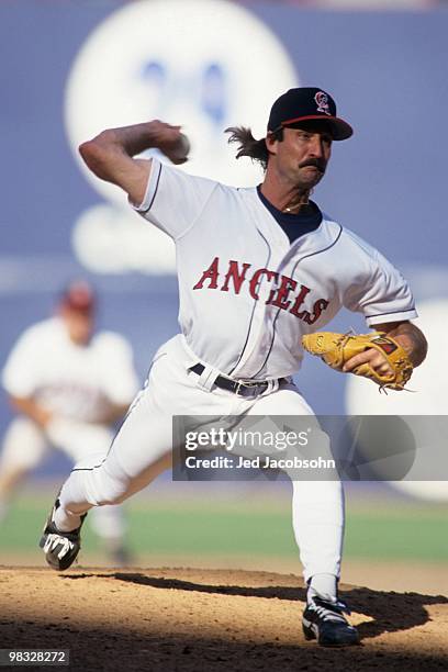 Gene Nelson of the California Angels pitches during the game against the Minnesota Twins at Anaheim Stadium on August 1, 1993 in Anaheim, California.