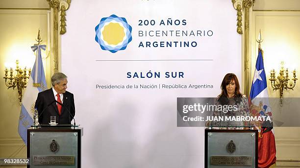 Chielan President Sebastian Piñera and Argentine President Cristina Fernandez de Kirchner offer a press conference following a working meeting at the...