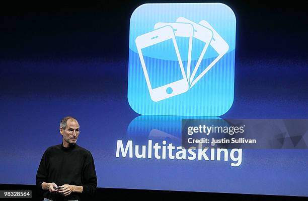 Apple CEO Steve Jobs announces multitasking available on the new iPhone OS4 during an Apple special event April 8, 2010 in Cupertino, California....