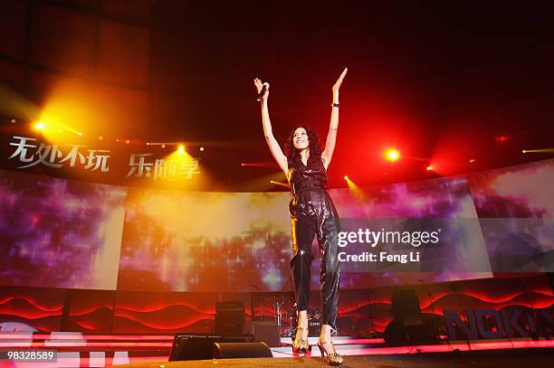 China's singer Karen Mok sings at a concert after the Nokia "Comes With Music" China Launch on April 8, 2010 in Beijing, China. Nokia today further...