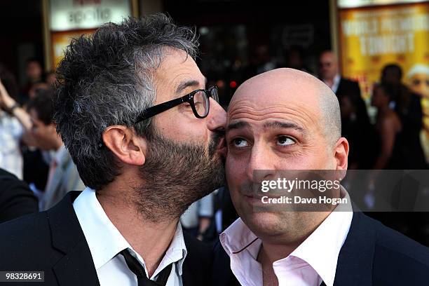 David Baddiel and Omid Djalili arrive at the world premiere gala screening of The Infidel held at the Hammersmith Apollo on April 8, 2010 in London,...