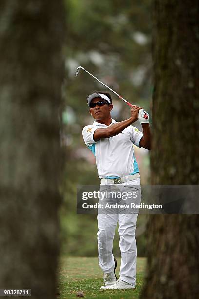 Thongchai Jaidee of Thailand plays a shot on the first hole during the first round of the 2010 Masters Tournament at Augusta National Golf Club on...