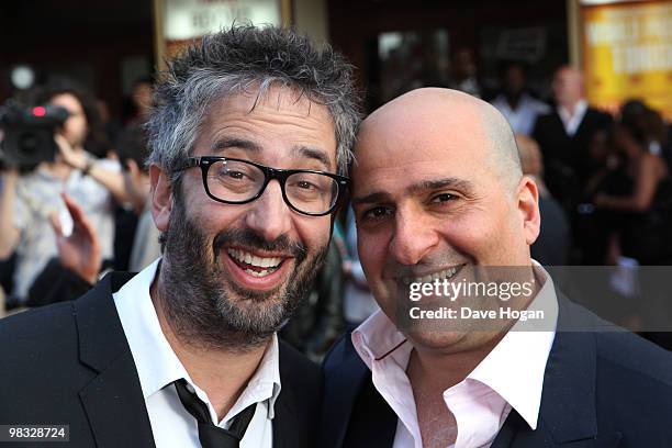 David Baddiel and Omid Djalili arrive at the world premiere gala screening of The Infidel held at the Hammersmith Apollo on April 8, 2010 in London,...