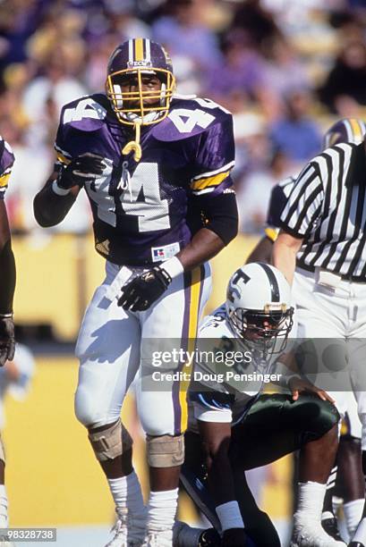 Robert Jones of East Carolina Pirates reacts on the field during a game against the Tulane Green Wave at Dowdy-Ficklen Stadium on November 2,1991 in...