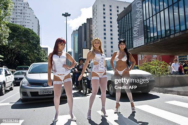 Models wearing underwear perform at the Paulista Avenue in Sao Paulo, Brazil on April 8 to promote the 16th Erotika Fair, Latin America's biggest...