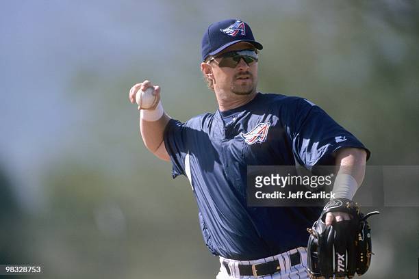 Phil Nevin of the Anaheim Angels throws during a spring training workout at Tempe Diablo Stadium on February 23, 1998 in Tempe, Arizona.