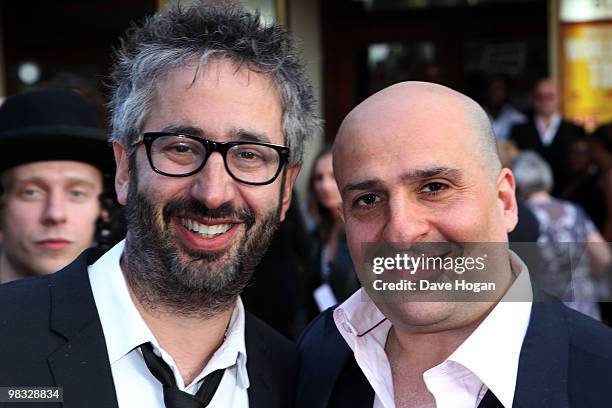 David Baddiel and Omid Djalili arrive at the world premiere gala screening of The Infidel held at the Hammersmith Apollo on April 8, 2010 in London,...