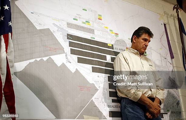 West Virginia Governor Joe Manchin stands in front of a map of the Upper Big Branch Mine during a press conference on April 8, 2010 in Montcoal, West...