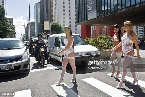 Models wearing underwear cross the Paulista Avenue in Sao Paulo, Brazil on April 8 to promote the 16th Erotika Fair, Latin America's biggest erotica...