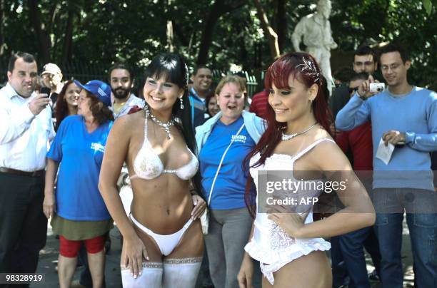 Models wearing underwear perform at the Paulista Avenue in Sao Paulo, Brazil on April 8 to promote the 16th Erotika Fair, Latin America's biggest...