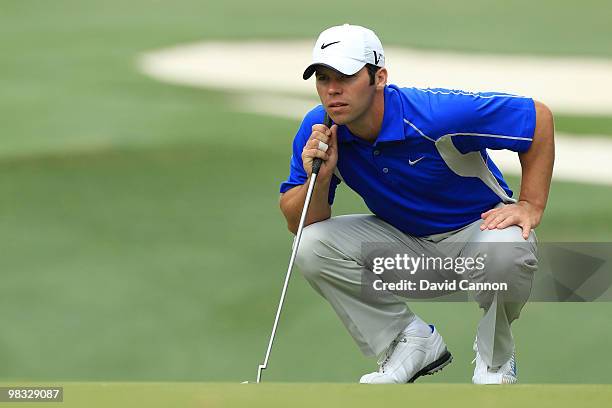 Paul Casey of England lines up a putt on the tenth hole during the first round of the 2010 Masters Tournament at Augusta National Golf Club on April...