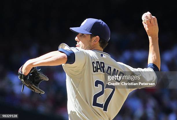 Starting pitcher Jon Garland of the San Diego Padres pitches against the Arizona Diamondbacks during the Opening Day major league baseball game at...
