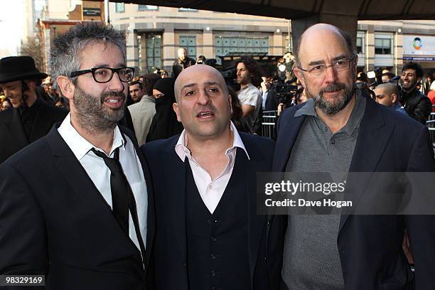 David Baddiel, Omid Djalili and Richard Schiff arrive at the world premiere gala screening of The Infidel held at the Hammersmith Apollo on April 8,...