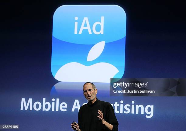 Apple CEO Steve Jobs announces iAd, part of the new iPhone OS4 software, during an Apple special event April 8, 2010 in Cupertino, California. Jobs...