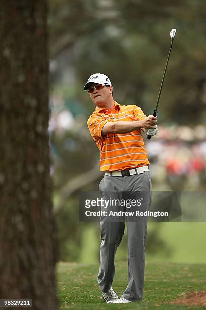 Zach Johnson plays a shot on the first hole during the first round of the 2010 Masters Tournament at Augusta National Golf Club on April 8, 2010 in...