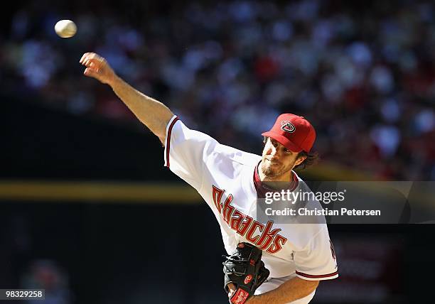 Starting pitcher Dan Haren of the Arizona Diamondbacks pitches against the San Diego Padres during the Opening Day major league baseball game at...