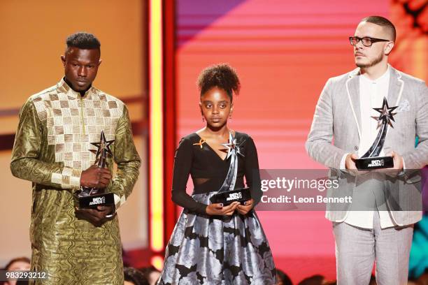 Mamadou Gassama, Naomi Wadler and Shaun King are honored onstage at the 2018 BET Awards at Microsoft Theater on June 24, 2018 in Los Angeles,...