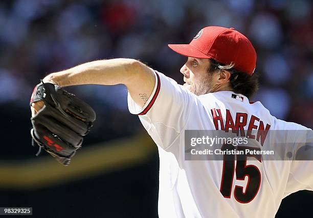 Starting pitcher Dan Haren of the Arizona Diamondbacks pitches against the San Diego Padres during the Opening Day major league baseball game at...