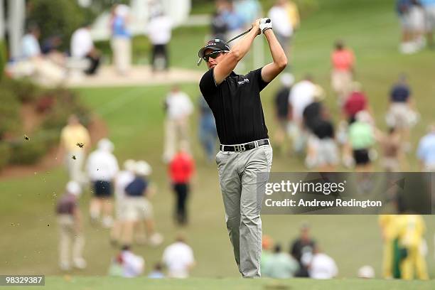 Henrik Stenson of Sweden plays his second shot on the first hole during the first round of the 2010 Masters Tournament at Augusta National Golf Club...