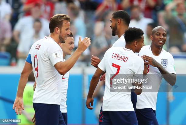 Harry Kane of England celebrates scoring his third goal during the 2018 FIFA World Cup Russia group G match between England and Panama at Nizhniy...