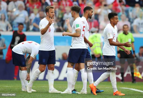 Harry Kane of England celebrates scoring his third goal during the 2018 FIFA World Cup Russia group G match between England and Panama at Nizhniy...