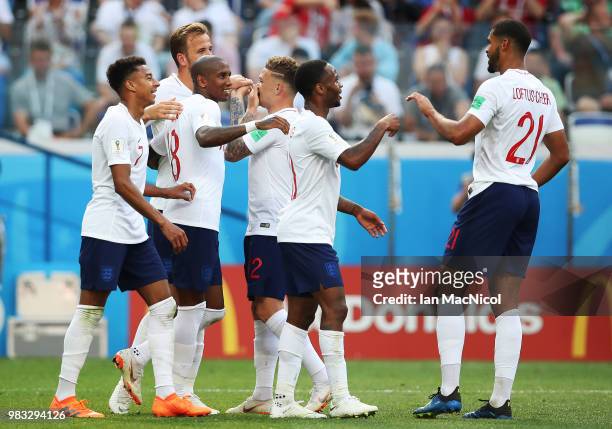 Harry Kane of England celebrates scoring his third goal during the 2018 FIFA World Cup Russia group G match between England and Panama at Nizhniy...