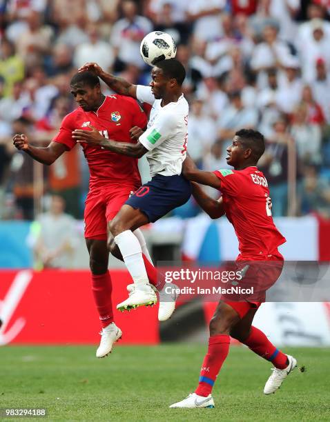 Raheem Sterling of England vies with Armando Cooper of Panama during the 2018 FIFA World Cup Russia group G match between England and Panama at...