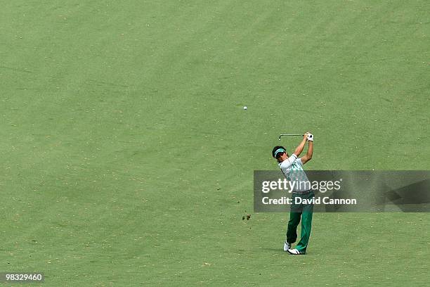 Ryo Ishikawa of Japan plays a shot from the tenth fairway during the first round of the 2010 Masters Tournament at Augusta National Golf Club on...