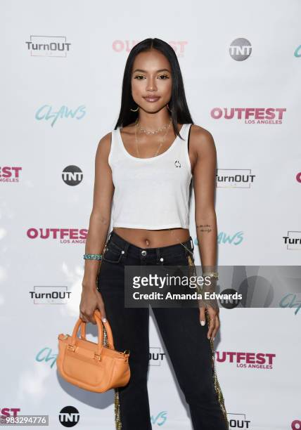 Actress Karrueche Tran arrives at a special screening of TNT's "CLAWS" with TurnOUT LA and OUTFEST at the Los Angeles LGBT Center on June 24, 2018 in...