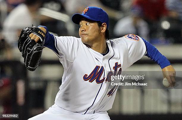 Hisanori Takahashi of the New York Mets pitches in the tenth inning against the Florida Marlins on April 7, 2010 at Citi Field in the Flushing...