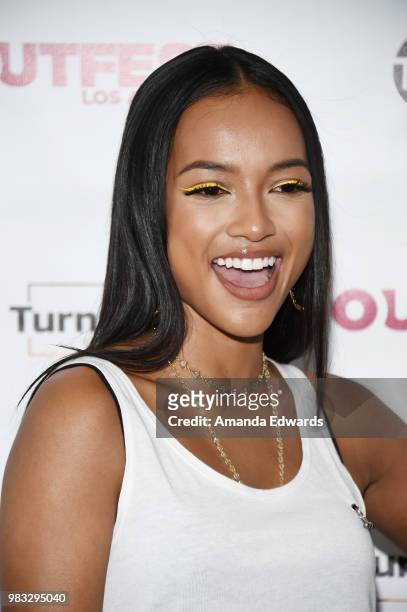Actress Karrueche Tran arrives at a special screening of TNT's "CLAWS" with TurnOUT LA and OUTFEST at the Los Angeles LGBT Center on June 24, 2018 in...