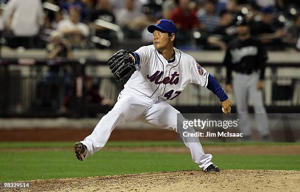 Hisanori Takahashi of the New York Mets pitches in the tenth inning against the Florida Marlins on April 7, 2010 at Citi Field in the Flushing...