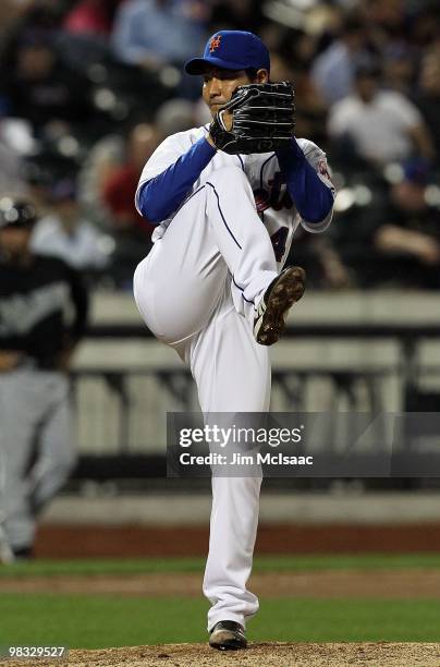 Hisanori Takahashi of the New York Mets pitches in the tenth inning against the Florida Marlins on April 7, 2010 at Citi Field in the Flushing...